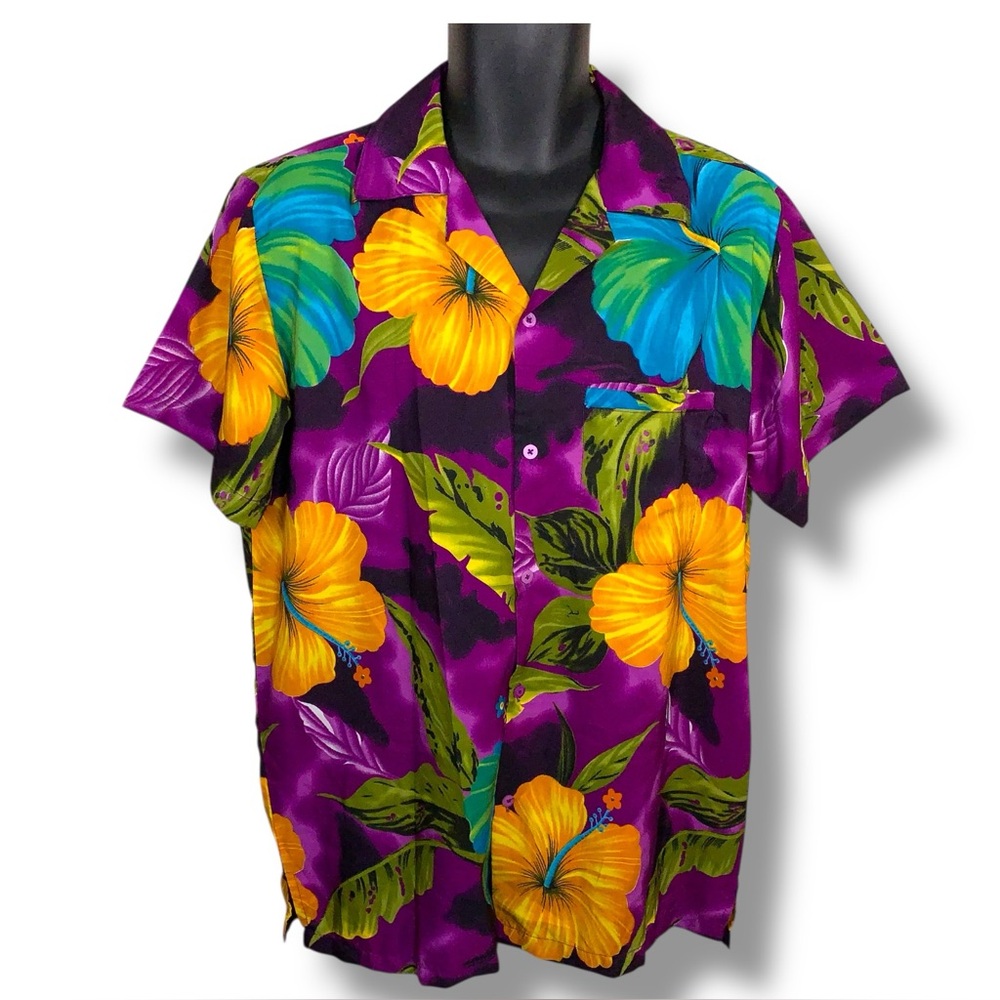 Large VHO Hawaiian Shirt Colorful Mens Purple Green Floral Yellow Retro Vacation